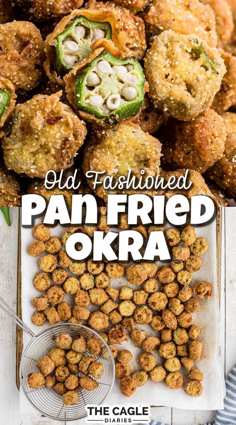 Old Fashioned Pan Fried Okra Easy Fried Okra With Flour, Pan Fried Okra, Cajun Popcorn, Oven Fried Okra, Fried Okra Recipe, Southern Fried Okra, Baked Okra, Ranch Recipes, Howling Coyote