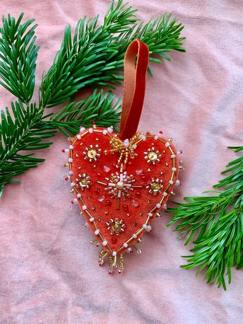 Embroidered Ornament | Shop Archive Flag Diy Projects, Millie Amber, Velvet Ornaments, Velvet Hearts, Gingerbread Heart, Clothes Embroidery Diy, Heart Christmas Ornaments, Scrap Fabric Projects, Embroidered Brooch