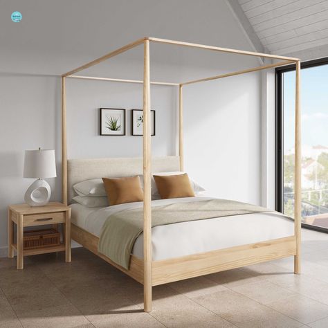 Discover the Bloomfield series, one of our beloved bedroom styles, now with a stunning canopy frame. With its charming tubular wood structure and a soft fabric-covered headboard, it infuses your bedroom with a serene, Zen-like ambiance. Offered in Queen size with a beautiful Natural Pine wood finish. Plus, it's easy to assemble! #newpacificdirect #bedroomfurniture Turned Post Bed, Covered Headboard, Fabric Covered Headboard, Queen Bed Set, Queen Canopy Bed, Post Bed, Canopy Frame, Platform Bed With Storage, Wood Structure