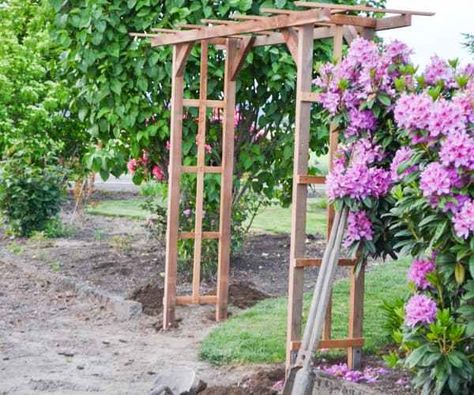 A DIY garden arch made with redwood Garden Arches Ideas Backyards, Rose Arches Garden, Garden Arches Ideas, Diy Garden Arch, Garden Arch Ideas, Arches Garden, Flower Arches, Garden Archway, Garden Arch Trellis