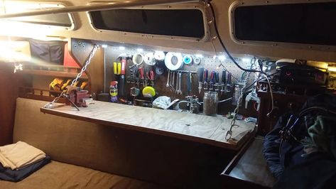 Tool Storage - A Simple Solution For Boats - Boat Renovation People Boat Tool Storage, Sailboat Upgrades, Boat Workshop, Boat Renovation, Catalina 30, Sailboat Restoration, Boat Organization, Cabin Storage, Liveaboard Sailboat