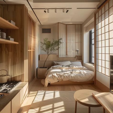 Interior House Lighting Ideas, Japandi Interiors Small Apartment, Japanese Style Studio Apartment, Japandi Tiny Apartment, Japandi Room Design, Japandi Interior Bedroom, Japandi Studio Apartment, Modern Japanese Apartment, Japandi Small Apartment