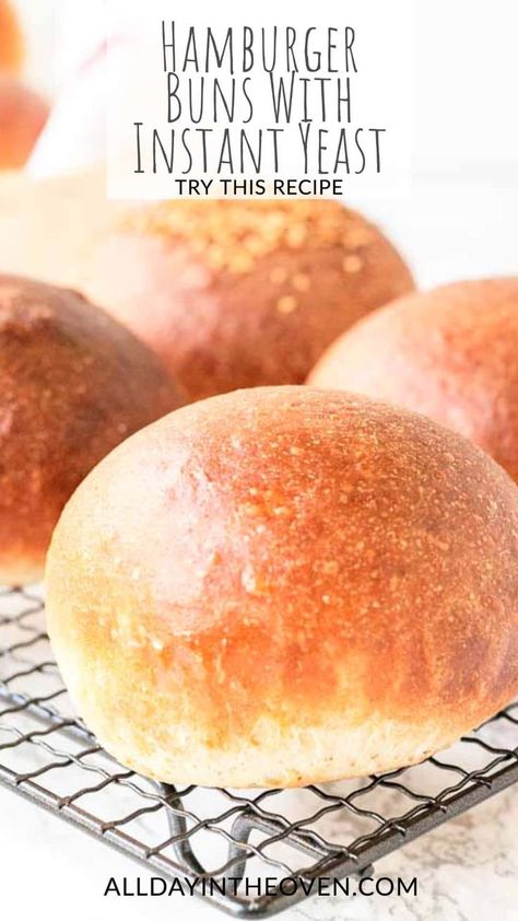 Burger buns with instant yeast on a baking tray or stacked Hamburger Bread Recipe Burger Buns, Instant Yeast Bun Recipe, Sweet Hamburger Buns, Instant Yeast Buns, No Yeast Hamburger Buns, Burger Rolls Recipe, Fast Hamburger Buns, Onion Buns Homemade, Easy Hamburger Bun Recipe