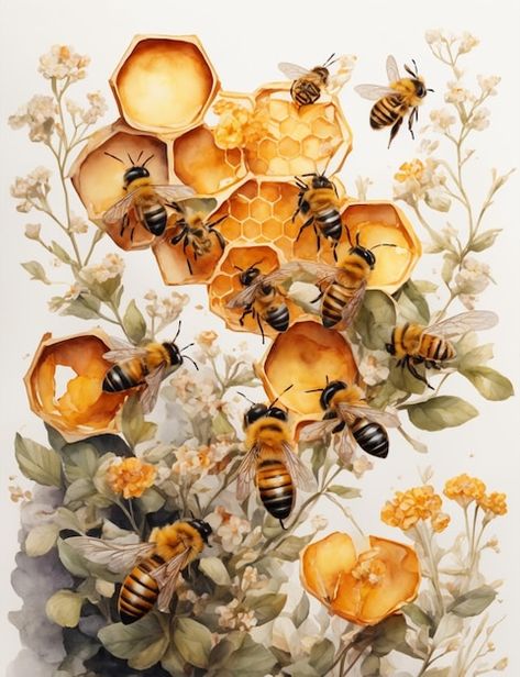 Premium Photo | Bee and melting honey flower Bee Hive Aesthetic, How To Draw Honey, Honey Bee Background, Bee Graphic Design, Bees Aesthetic, Honey Bee Painting, Bee Pictures Art, Painted Bees, Honeycomb Art