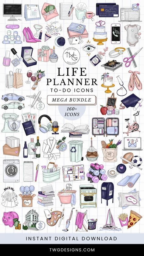 The ultimate bundle of to-do icons for your life planner! Includes over 100 icons in a variety of styles, so you can find the perfect ones to match your planner. Perfect for staying organized and productive.

Use these icons in your:

 BuJo
 Google Calendar
 Planner
 Bullet Journal
 Planner stickers
 Planner stamps
 And Medicine Stickers Free Printable, Planner Icon Aesthetic, Digital Planner Stickers Free Goodnotes, Planner Sticker Ideas, Twg Designs, Goodnote Stickers, Do Icons, Daily Planner Stickers, Planner Setup