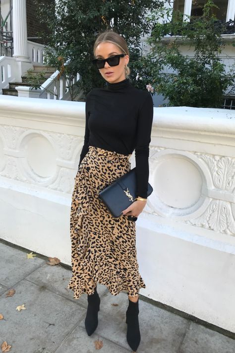 Animal Print Midi Dress, Night Out Chic Outfit, Leopard Silk Skirt, Leopard Print Skirt Outfit Autumn, Animal Print Midi Skirt Outfit, Leopard Print Skirt Outfit Casual, Cheetah Skirt Outfit Fall, Midi Skirt Outfit Office, Satin Leopard Skirt Outfit