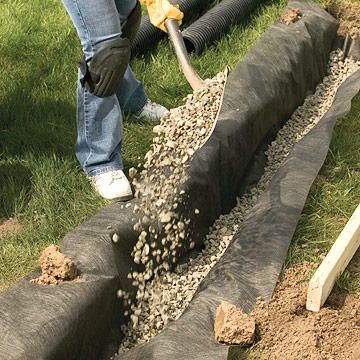 Provide Drainage for Your Yard | Better Homes & Gardens Ditch Ideas, French Drain System, Inexpensive Backyard Ideas, Inexpensive Landscaping, Drainage Grates, Capira, Landscape Drainage, Backyard Drainage, Drainage Ditch