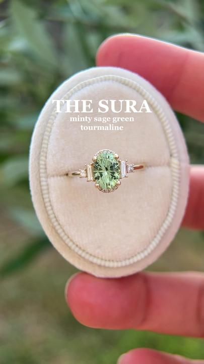 Sage Green Tourmaline Ring, Sage Wedding Ring, Engagement Rings With Green Accents, Diamond And Green Engagement Ring, The Sura Engagement Ring, Sage Engagement Ring, Sura Ring, Sage Green Ring, Mint Green Engagement Ring