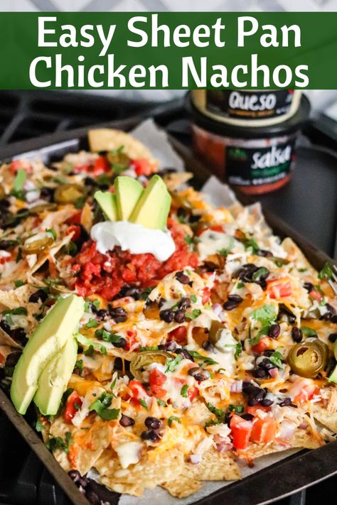 Easy Sheet Pan Nachos are the perfect solution for tailgating, game day, or a quick meal. Layer crunchy tortilla chips with shredded chicken, fresh vegetables, cheese and then top with delicious queso and salsa! Nacho Ideas, Easy Sheet Pan Nachos, Nachos With Chicken, Chicken Salad Chick Recipe, Shredded Chicken Nachos, Sheet Pan Nachos, Pan Nachos, Hummus Recipe Homemade, Weekend Food