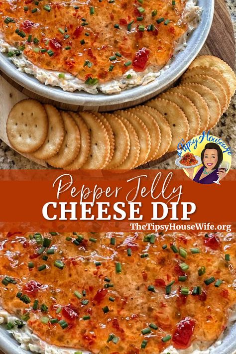 The photo shows a cheese dip with pepper jelly on top in a bowl with crackers surrounding for dipping. The brightly colored banner displays the name of the recipe, "Pepper Jelly Cheese Dip." Pepper Jelly Cheese Dip, The Tipsy Housewife, Tipsy Housewife, Pepper Jelly Recipes, Delicious Dips Recipes, Best Appetizer Recipes, Appetizers Easy Finger Food, Dip Recipes Easy, Pepper Jelly