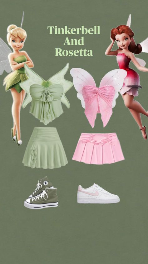 Tinkerbell And Friends Halloween Costume, Tinkerbell Costume Group, Cartoon Costume Ideas, Aethestic Outfits, Duos Costume, Fun Halloween Outfits, Stitch Costume, Tinkerbell Costume, Trio Costumes