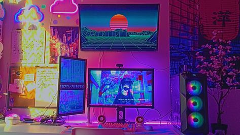 Vaporwave Gaming Setup, Vaporwave Setup, Vaporwave Office, Purple Office Decor, Lofi Bedroom, Vaporwave Bedroom, Vaporwave Decor, Bryce Tankthrust, Vaporwave Room