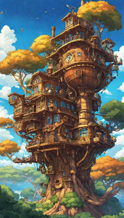 steampunk styled treehouse on top of a huge tree in the middle of a forest with beautiful bkuw=e sky in the back Overgrown Steampunk, Treehouse Concept Art, Forest Steampunk, Steampunk Treehouse, Treetop Village, Steampunk Forest, Steampunk Environment, Fantasy Market, Fantasy Treehouse