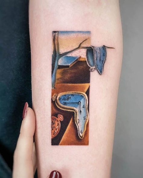 Paintings As Tattoos, Salvador Dali Persistence Of Memory Tattoo, Tattoos Inspired By Paintings, Tattoos Based On Paintings, Tattoo Art Painting, Artist Tattoos For Women, Tattoos Inspired By Art, Classic Art Tattoo Paintings, Salvador Dali Tattoos