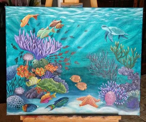 Painting Underwater, Sea Life Painting, Underwater Pictures, Bawah Air, Underwater Painting, Underwater Scene, Sea Life Art, Coral Art, Underwater Art