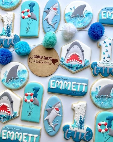 Shark Baby Shower, First Birthday Cookies, Fish Cookies, Shark Cookies, Shark Themed Birthday Party, Fun Party Themes, Shark Birthday Party, 1st Birthday Themes, Summer Cookies