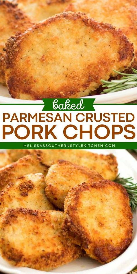 Your family will love these parmesan crusted pork chops! Tender and juicy with a crispy exterior, this baked pork chop recipe is a delicious dinner idea for tonight. So, grab some boneless pork chops and try this main dish! Baked Parmesan Crusted Pork Chops, Crusted Pork Chops, Melissas Southern Style Kitchen, Parmesan Crusted Pork Chops, Boneless Pork Chop Recipes, Easy Pork Chops, Pork Chop Recipes Baked, Pork Chop Dinner, Pork Dinner