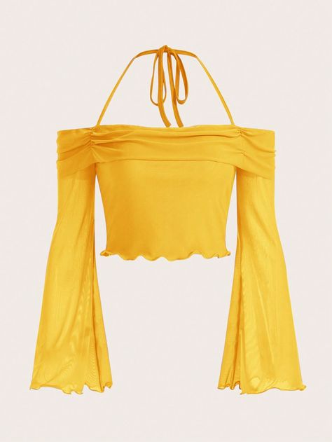 Halter Neck Lettuce Trim Flounce Sleeve Spring Crop Top Women Tank Tops & Camis-1779 Yellow Casual  Long Sleeve Mesh Fabric Plain  Slight Stretch  Women Clothing, size features are:Bust: ,Length: ,Sleeve Length: Top Amarillo, Spring Crop Tops, Crop Tops Long Sleeve, Áo Crop Top, Yellow Tops, Crop Top Women, Women Tank Tops, Flounce Sleeve, Tank Top Cami