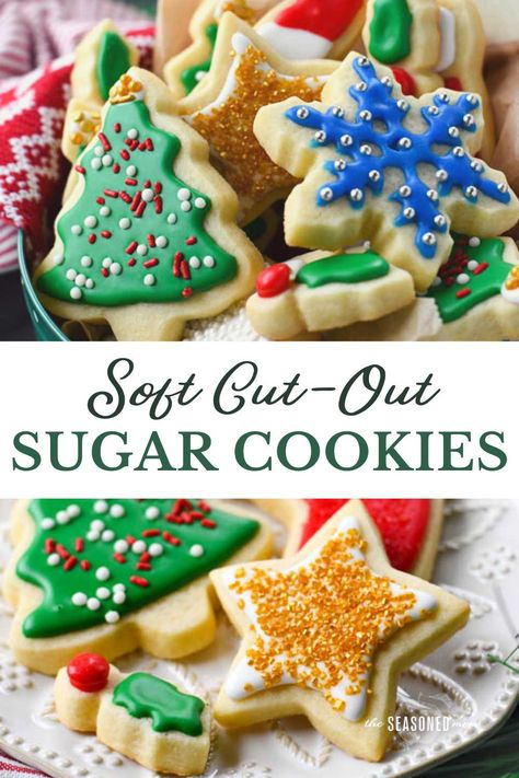 These thick, bakery-style soft cut out sugar cookies are a fun and festive addition to your Christmas cookie tray! Every mom (or grandma) should have an easy sugar cookie recipe that she can whip up in minutes with just a handful of simple ingredients. This is truly the best sugar cookie recipe ever! Cut out a batch and have fun decorating these sweet treats with your loved ones! Soft Cut Out Sugar Cookies, Christmas Sugar Cookies Recipe, Backing Ideas, Cut Out Sugar Cookies, Christmas Sugar Cookie Recipe, Lunch Dessert, Cut Out Sugar, Homemade Appetizer, Sugar Cookie Recipe Easy