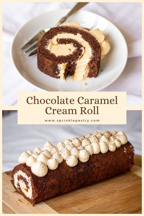 Roll into chocolate and caramel season with this gorgeous chocolate cake roll. A delicious tender swiss chocolate cake filled with fluffy caramel whipped cream and rolled into a beautiful and delectable cake roll. Caramel Roll Cake, Hot Chocolate Cake Roll, Caramel Cream Cake Filling, Caramel Swiss Roll Recipe, Caramel Cake Roll, Cake Roll Fillings, Thanksgiving Swiss Roll Cake, Easter Cake Rolls, Best Swiss Roll Cake Recipe