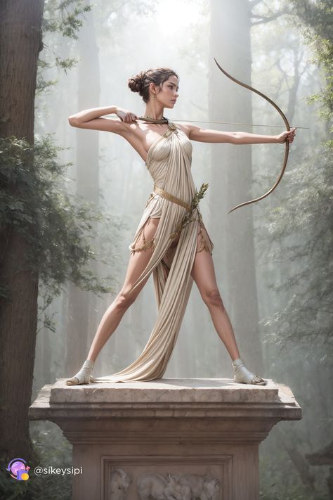 Stand in awe of Artemis, the Greek goddess of the hunt, as she readies her bow amidst the whispering woods. This striking image captures her strength and concentration, embodying the wild essence of nature's guardian. #GoddessOfTheHunt #ArtemisInFocus #MythicalMight Archer Woman, Artemis Greek Goddess, Greek Goddess Art, Artemis Goddess, Goddess Of The Hunt, Wild Hunt, Mythology Art, Goddess Art, Fantasy Warrior