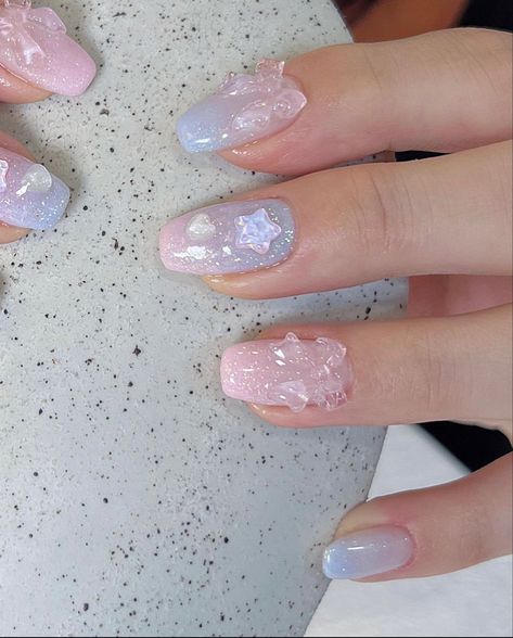 Korean Jelly Nails Simple, Pink And Blue Jelly Nails, Sanrio Jelly Nails, Japanese Glitter Nails, Pearl Jelly Nails, Cute Japanese Nail Art, Magical Nail Art, Blue Jelly Nails Korean, Korean Jelly Nails Designs