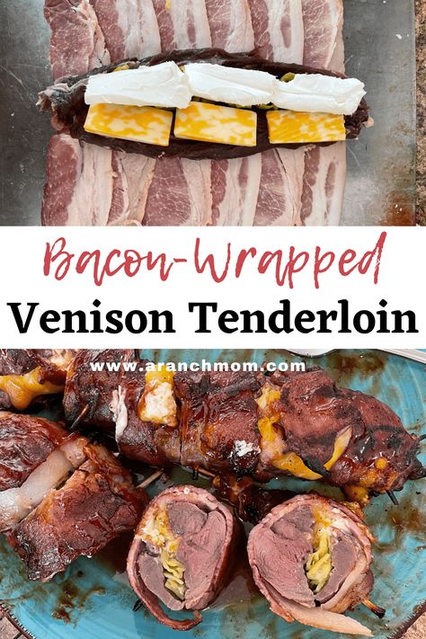 Bacon Wrapped Venison Tenderloin, Deer Tenderloin Recipes, Bacon Wrapped Venison, Stuffed Venison, Tenderloin Recipes Oven, Venison Tenderloin Recipes, Bacon Wrapped Tenderloin, Bacon Wrapped Steak, Bacon Wrapped Beef