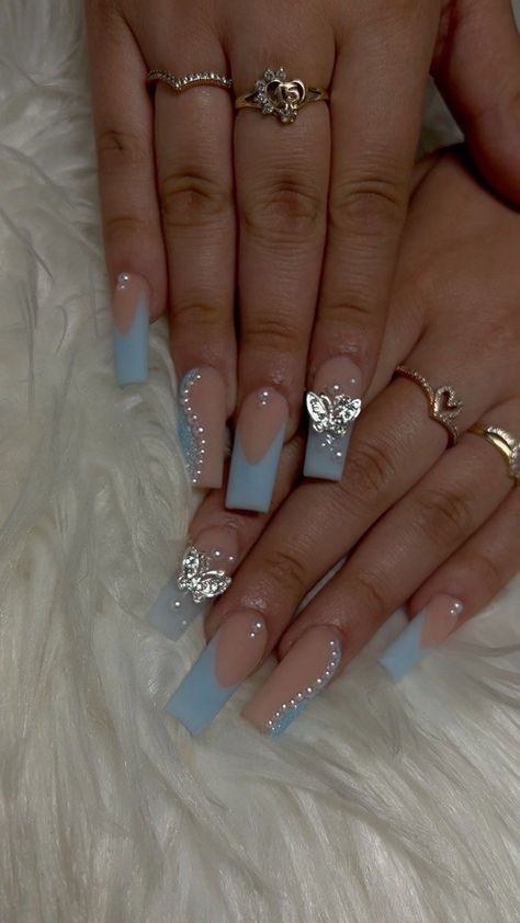 Quince Nails Blue Butterfly, Acrylic Nails With Butterfly Charm, Teal Butterfly Nails, Long Acrylic Nails For School, Nails With Butterflies Charm, Blue Butterfly Nails Acrylics, Butterfly Bling Nails, Rhinestone Butterfly Nails, Baby Blue Butterfly Nails