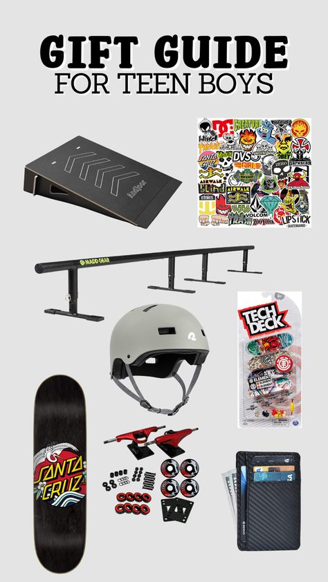 Teen boy skateboarding enthusiast with new skateboarding gear and gifts, including a skateboard deck, protective gear, and stylish skate apparel. Gifts For Skateboarders, Gift Ideas For Teen Boys, Skateboarder Gifts, Tech Deck, Gifts For Teen Boys, Boy Gifts, Cool Deck, Mom Tips, Protective Gear