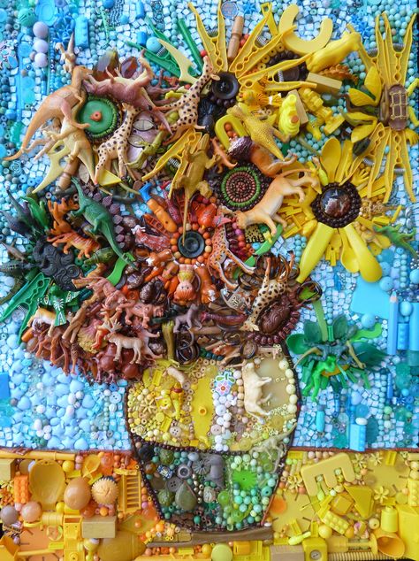 Trash Art Sculpture, Found Objects Collage, Jane Perkins, Object Collage, Plastic Collage, Plastic Mosaic, Texture Collage, Assemblage Art Collage, Sunflower Mosaic