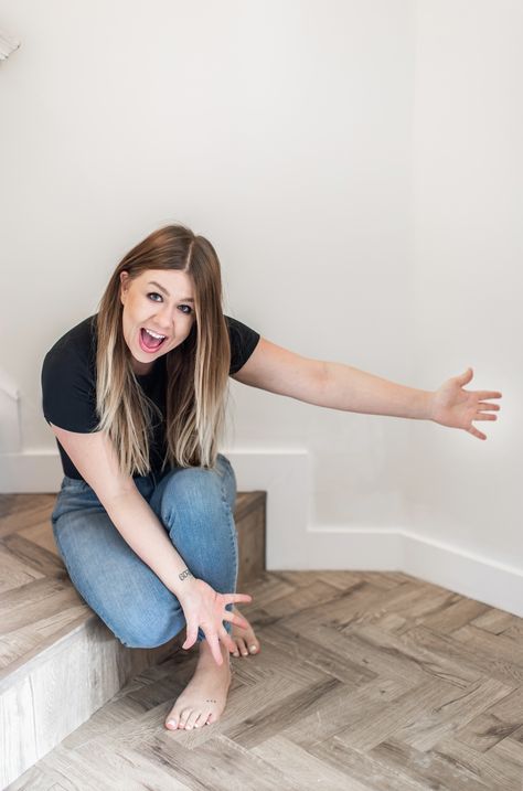 Check out this easy DIY peel and stick herringbone tile floor! Peel And Stick Floor Tile On Stairs, Diy Herringbone Floor Vinyl, Peel And Stick Flooring On Stairs, Easy Diy Bathroom Floor, Herringbone Stick On Tile, Peel And Stick Brick Floor Tile, Peel And Stick Floor Tile Wood Look, Best Peel And Stick Floor Tile Kitchen, Peek And Stick Floor Tile