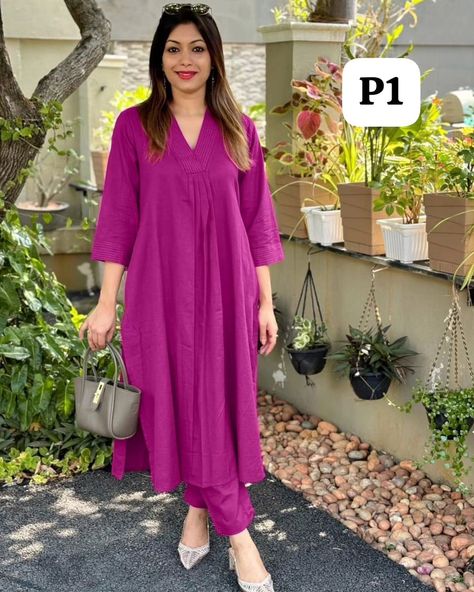 *🌹💥 NEW DESIGN LONCH🌹* *💥Introducing the all day comfort plain Co-ord sets in pure cotton. It comes with 1 side pockets and katha work on neck and sleeves.* *giving perfect outfit and deliberate choice about your look.....* *Color: AVAILAVLE IN 7 COLOUR -PURPAL,TEAL BLUE,DARK WINE,PISTEL GREEN OR BLACK YELLOW RED* *NECK STYLE : V NACK* 😍 *Inclusive: Top & Bottom👌👌👌* 🥰 *KURTI LENGTH - 47-INCHES* 🥰 *PANT LENGTH - 39 INCHES* 🥰 *SLEEVES - 3/4 SLEEVE* *FABRIC - COTTON 60*60* *PRICE 85... Plain Fabric Kurti Design, Blue Cotton Kurti, Red Co Ord, Katha Work, Dress Design Pakistani, Kurtis Design, Stylish Kurtis, Co Ords Outfits, Stylish Kurtis Design