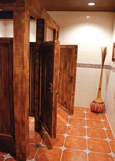 Wood Bathroom Partitions, Diy Bathroom Stalls, Bathroom Stall Ideas, Campground Bathroom, Brewery Bathroom, Commercial Bathroom Ideas, Bathroom Stall Doors, Reclaimed Bathroom, Stall Doors