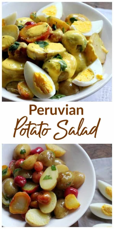 Latin Potato Recipes, Peruvian Potato Salad, Brazilian Potato Salad, Peruvian Potatoes Recipes, Peruvian Side Dishes, Yellow Pepper Sauce, Peruvian Potatoes, Peru Food, Peruvian Chicken