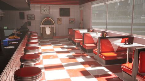 ArtStation - Stylized Environment: 50s American Diner Retro Diner Illustration, Cozy Diner Aesthetic, Old Timey Diner, Cursed Mcdonalds, Diner Concept Art, Diner Reference, Diner Artwork, American Diner Interior, Restaurant Concept Art