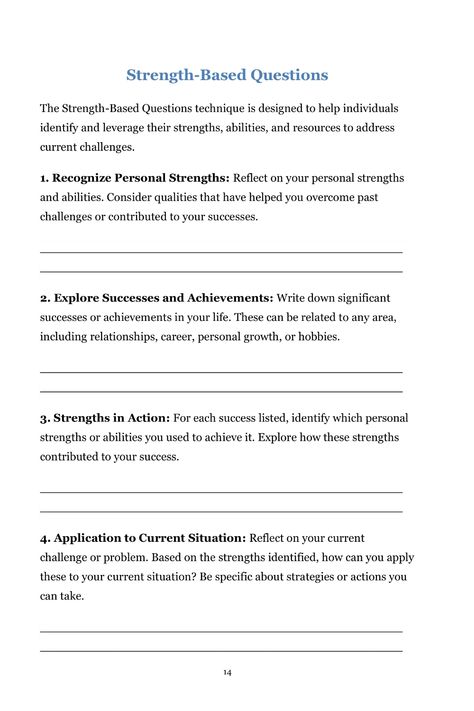 (+25 pages of evidence based exercises and techniques)    What’s Included?   Miracle Question Exception Finding Scaling Coping Questions Problem-Free Talk Strength-Based Questions Future Perfect Technique Reframing Questions Experiment Externalization Goal Setting and Action Planning EARS   What Is Solution-Focused Brief Therapy (SFBT)?   Solution-Focused Brief Therapy is an approach to psychotherapy based on solution-building rather than problem-solving.    It explores current resources and fut Socratic Questioning Therapy, Therapist Questions, Solution Based Therapy, Miracle Question, Group Therapy Process Questions, Emotionally Focused Individual Therapy, Transpersonal Approach, Therapy Modalities, Solution Focused Therapy Techniques