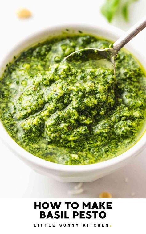 Homemade basil pesto made the classic way with basil and pine nuts! Or make a different variation of the pesto with kale, arugula, carrots tops, and change up the nuts using cashews, walnuts, pecans, or almonds. Basil Pesto Walnuts Recipe, Pesto Recipe Without Nuts Basil, Basil And Walnut Pesto Recipe, Basil Pecan Pesto, Basil Pesto Without Pine Nuts Recipe, Garlic Butter Shrimp Pasta, Parsley Pesto, Garlic Shrimp Pasta, Creamy Shrimp Pasta