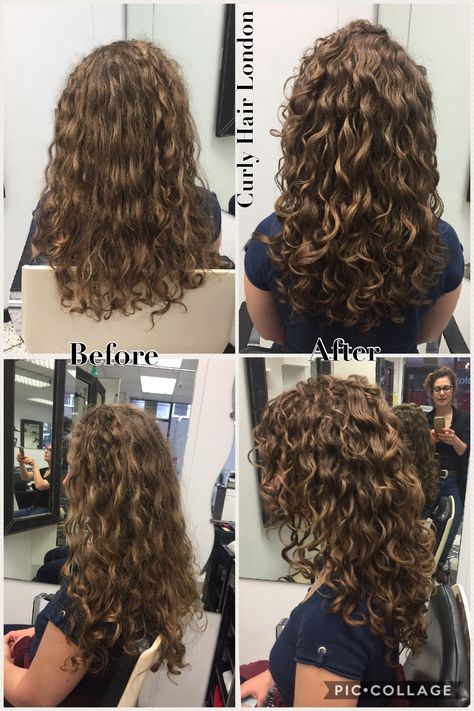 Perm With Layers Long Hair, Medium Long Haircut Curly Hair, Curly Haircut Lots Of Layers, W2c Hair, Wavy Hair Devacut, Layered Vs Non Layered Curly Hair, Stacked Layers Curly Hair, Long Curl Haircut, 2c Haircut Layers