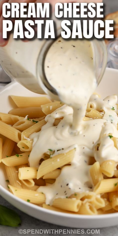 Make this super easy white sauce by blending cream cheese and lots of melty parmesan cheese. It’s just the right sauce for any shape of pasta. Want to stretch this dish even further for a crowd? Add some cooked chicken, shrimp, or even turkey for an extra dose of protein! The whole family will love this easy creamy sauce with pasta, and it's quick enough for a busy weeknight dinner. #spendwithpennies #creamcheesepastasauce #sauce #recipe Easy Creamy Sauce, Cream Cheese Pasta Sauce, Cheesy Pasta Sauce, Cheese Pasta Sauce, Pasta Sauce Recipes Easy, Easy White Sauce, Cream Cheese Pasta, Cream Cheese Sauce, Easy Pasta Sauce