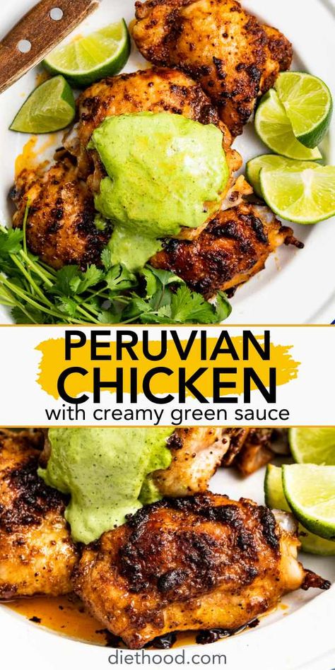 Peruvian Chicken, also known as pollo Peruano, is made by marinating chicken thighs in a mix of olive oil, lime juice, and spices and then roasting the chicken until juicy and crispy. It's served with a delicious creamy green sauce for added flavor. Peruvian Chicken With Green Sauce, Chicken With Green Sauce, Peruvian Chicken Recipe, Popular Meals, Creamy Cilantro Sauce, Green Sauce Recipe, Chicken Pollo, Peruvian Chicken, Marinated Chicken Thighs