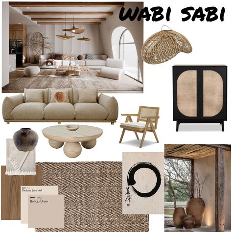 Mediterranean Wabi Sabi Interior, Wabi Sabi Japandi Interior, Mood Board Wabi Sabi, Wabi Sabi Material Board, Wabi Sabi Mood Board Interior, Wabi Sabi Living Room Interior Design, Wabi Sabi Moodboard, Wabi Sabi Mood Board, Wabi Sabi Home Interior Design