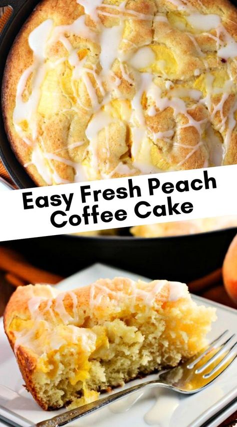 Two photos, one of full cake and a slice of cake with fork. Fresh Peach Coffee Cake, Decedent Deserts, Peach Breakfast Recipes, Peach Yogurt Cake, Peach Coffee Cake, Holiday Cake Recipes, Peach Yogurt, Peach Coffee, Summer Vegetarian Recipes