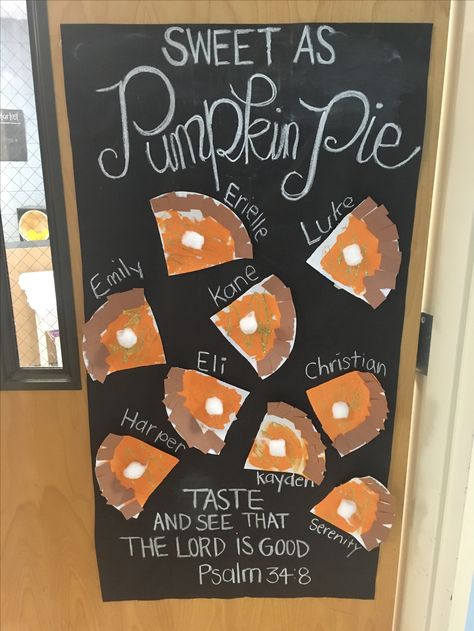 Thanksgiving classroom door- sweet as pumpkin pie   Mrs Adams Preschool Classroom Fall Decor, Sweet As Pumpkin Pie Classroom Door, Thanksgiving Class Door Decorations, Thanksgiving Daycare Decorations, Thanksgiving Bulletin Boards For Toddlers, Thanksgiving Door Decorations Classroom Turkey, Fall Classroom Party Decorations, Sweet As Pie Door Decor, Fall Themes For Infant Classroom