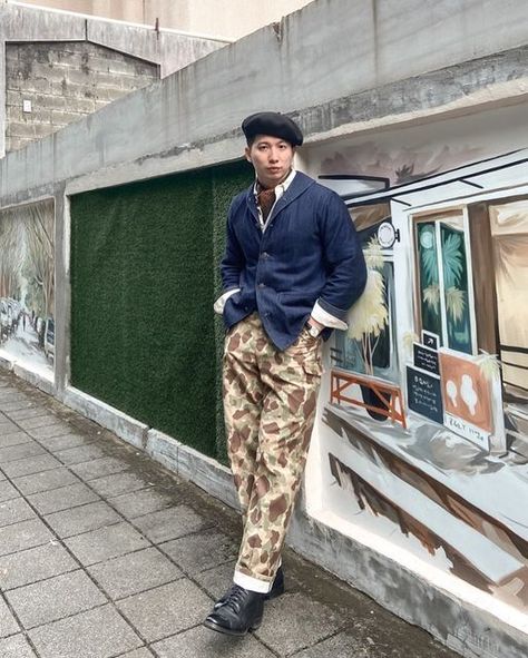 Troy.C on Instagram: "Still wearing Duck Hunter camouflage today🦆😀🦆😀🦆 Béret: Laulhere Deck Jacket: Warehouseco Ascot: One Ear Brand Trousers: Bespoke Sterlingandco Boots: Skoob" Outfit Overall, Camo Outfit, Deck Jacket, Boots Men Outfit, Duck Hunter, Camo Outfits, Men Fashion Casual Shirts, Camouflage Pants, Fashion Guide