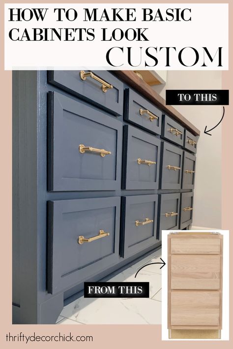 Dark blue cabinets with brass hardware Builder Grade Cabinets Makeover, Home Depot Bathroom Cabinets, Diy Home Depot Cabinets, How To Make Basic Cabinets Look Custom, Make Cabinets Taller, Builder Cabinets Makeover, How To Make Cabinets Look Custom, Stock Cabinets For Bathroom Vanity, Make Cabinets Look Custom