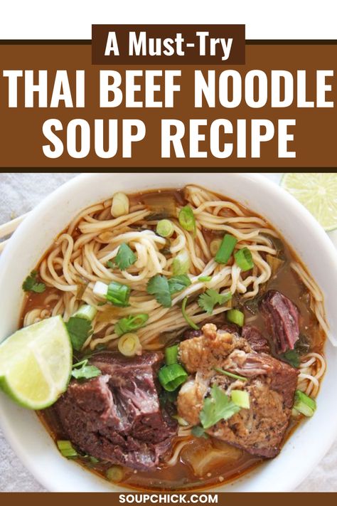 Thai Beef Noodle Soup Thai Ramen Soup, Ginger Beef Soup, Thai Beef Soup Recipes, Crockpot Pho Recipe, Thai Beef Soup, Thai Pho Soup Recipe, Chinese Noodle Soup Recipes, Beef Noodle Soup Recipes, Asian Beef Soup