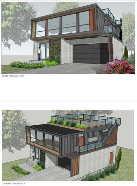 Shipping Container Homes With Garage, Houses With Rooftop Decks, Homes With Rooftop Decks, Adu With Rooftop Deck, Container House With Garage, Rooftop Deck House Plans, House On Garage, House Plans With Rooftop Deck, Honomobo Homes