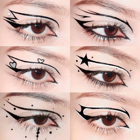 Eyeliner ideas  @hydra_ngea1 Star Eyeliner, Eyeliner Inspo, Eyeliner Ideas, Nye Makeup, Eyeliner Designs, Cute Eye Makeup, Makeup Face Charts, Face Paint Makeup, Graphic Makeup