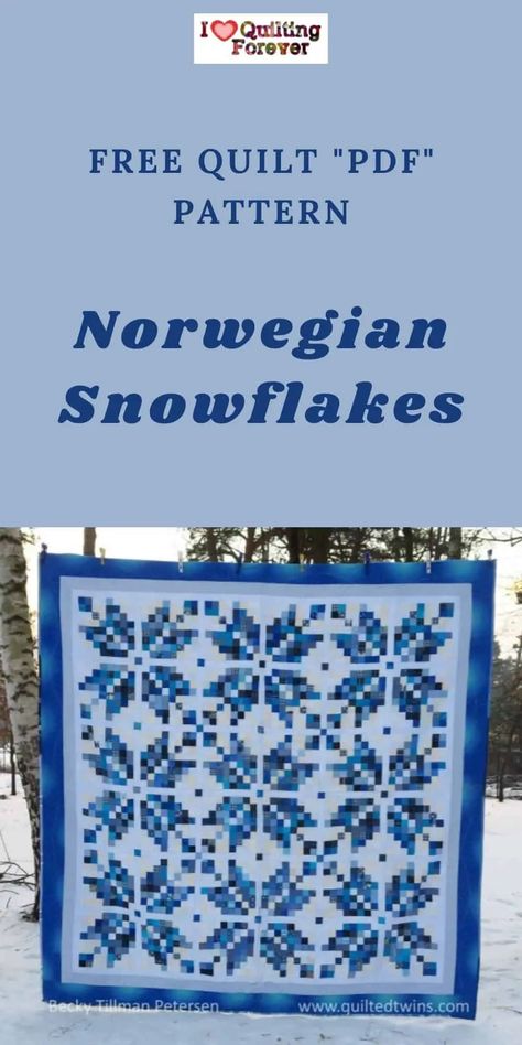 Free Quilt Pattern: Norwegian Snowflakes Quilt Norwegian Star Pattern, Norwegian Snowflake Pattern, Winter Wonderland Quilt Pattern, Norwegian Quilt Patterns, Snowflake Quilt Pattern Free, Snowflake Quilt Blocks Free Pattern, Fair Isle Quilt Pattern, Two Color Quilts Patterns Free, Snowflake Quilt Patterns