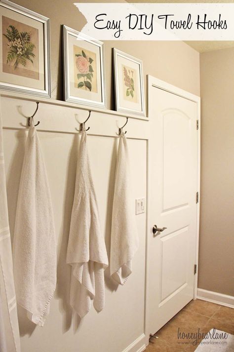 Easy DIY Towel Hooks - Honeybear Lane Bathroom Wainscotting With Towel Hooks, Bath Towel Hooks Bathroom, Towel Hooks Bathroom Wall, Towel Hook Wall Bathroom, Bathroom Hook Wall, Painted Half Wall Bathroom, Bathroom Towel Hook Wall, Bathroom Wall Towel Rack Ideas, Bathroom Wainscotting With Hooks